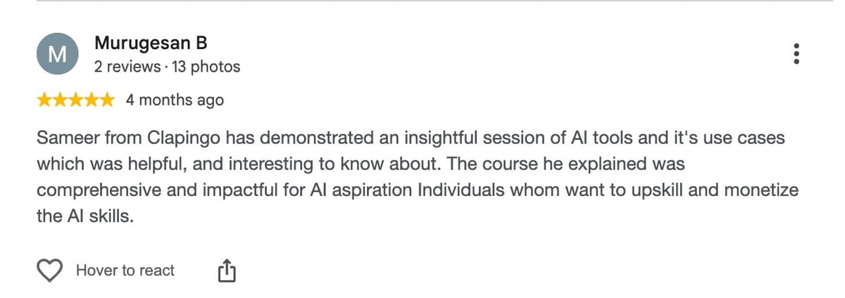 Google review from Murugesan B
