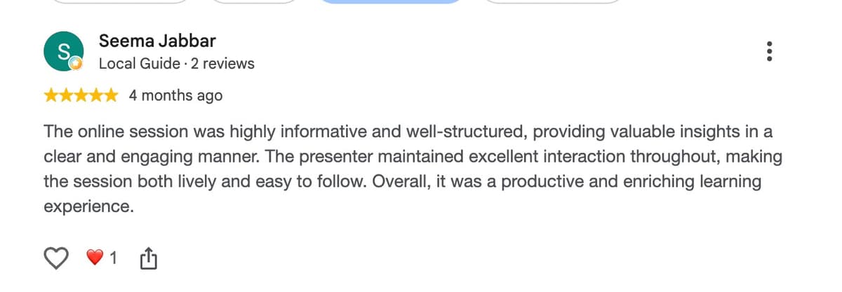 Google review from Seema Jabbar