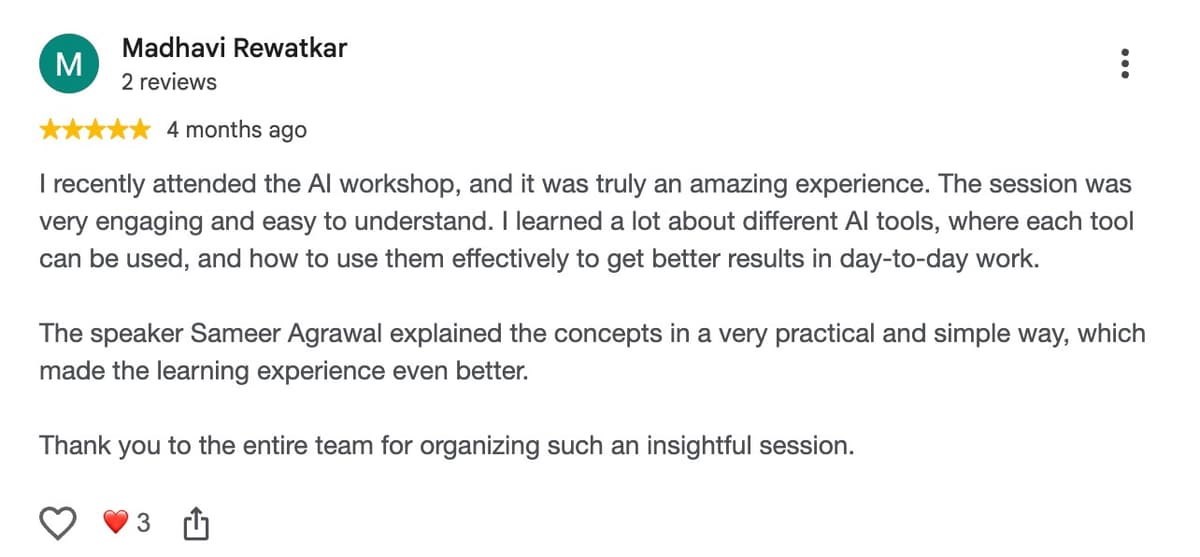 Google review from Madhavi Rewatkar